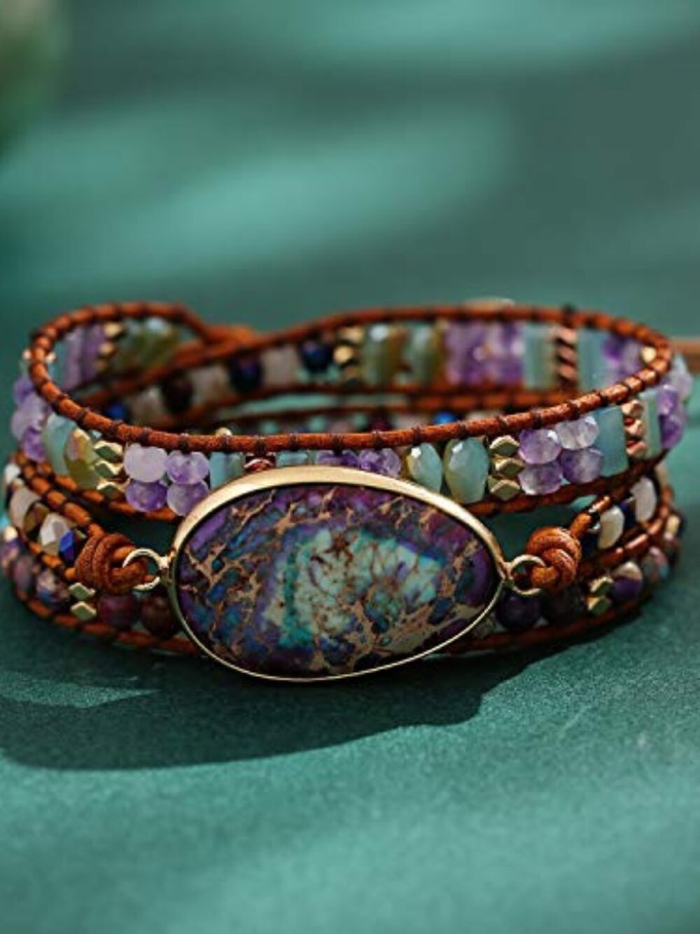Women Boho Handmade Natural Stone Crystal Leather Bead Wrap Bracelets Collection